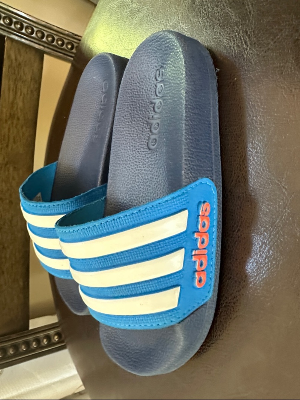 Adidas Youth Navy and Blue Slide Sandals with White Stripes size 11